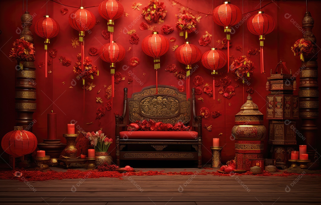 Cenário de estúdio fotográfico para celebração do Ano Novo Chinês com decorações tradicionais lanternas e símbolos