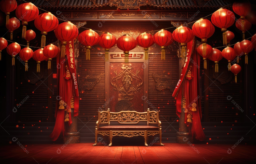 Cenário de estúdio fotográfico para celebração do Ano Novo Chinês com decorações tradicionais lanternas e símbolos