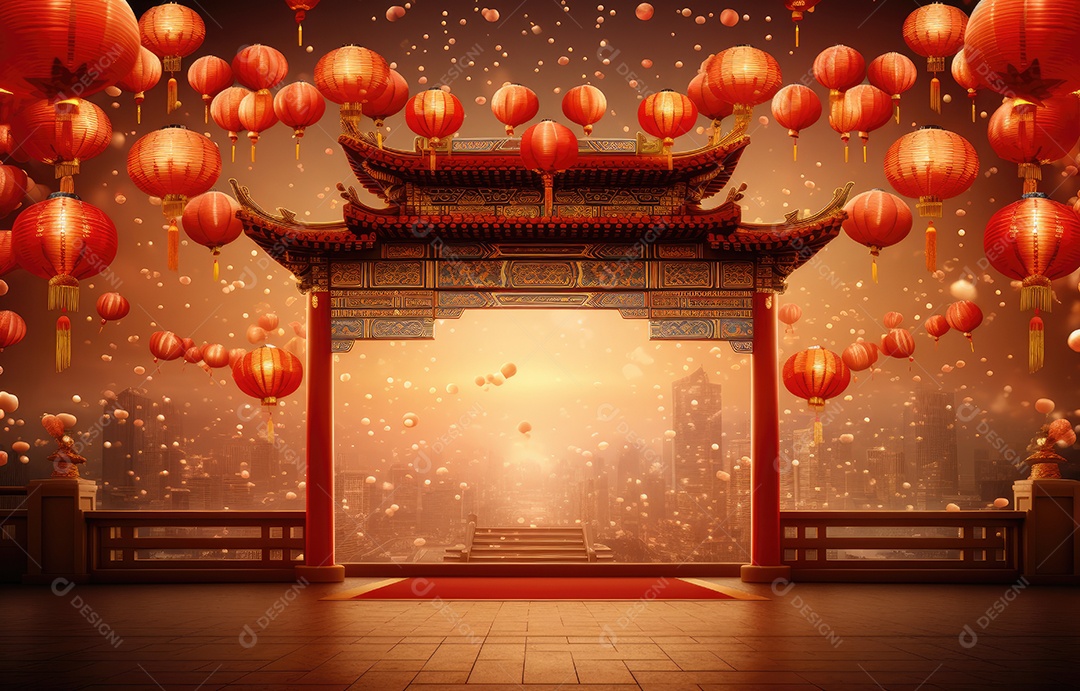 Cenário de estúdio fotográfico para celebração do Ano Novo Chinês com decorações tradicionais lanternas e símbolos