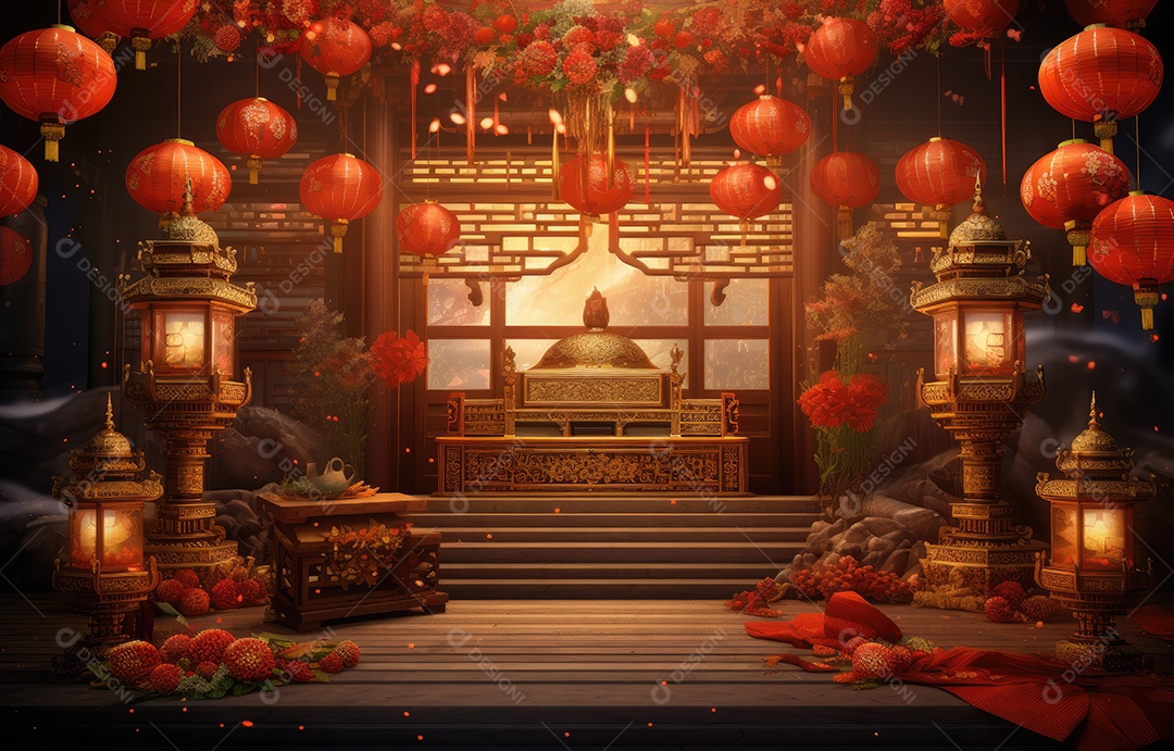 Cenário de estúdio fotográfico para celebração do Ano Novo Chinês com decorações tradicionais lanternas e símbolos