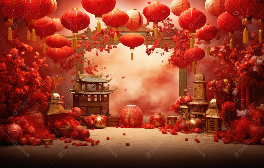 Cenário de estúdio fotográfico para celebração do Ano Novo Chinês com decorações tradicionais lanternas e símbolos