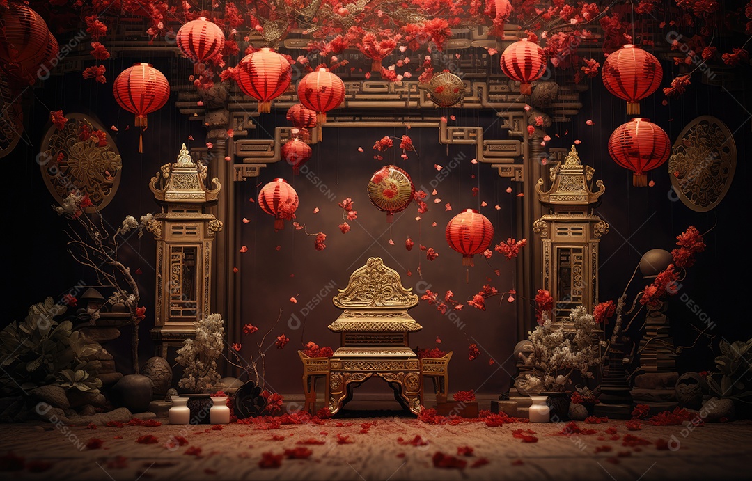 Cenário de estúdio fotográfico para celebração do Ano Novo Chinês com decorações tradicionais lanternas e símbolos