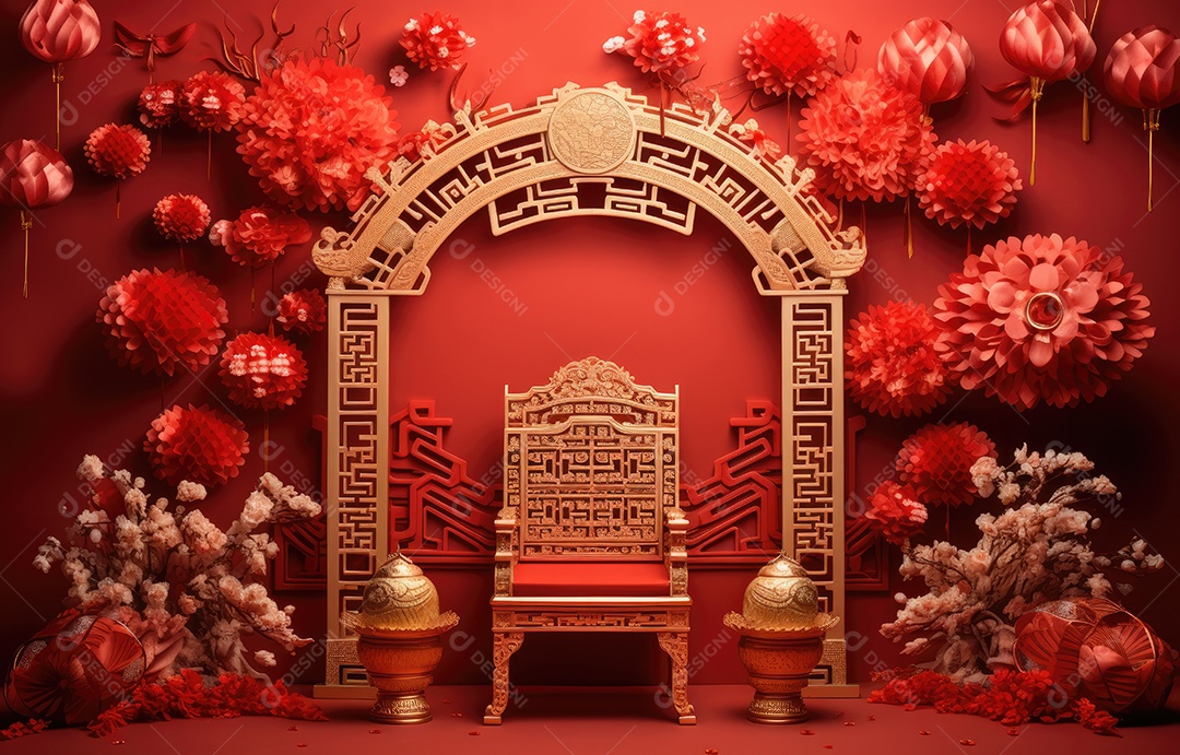 Cenário de estúdio fotográfico para celebração do Ano Novo Chinês com decorações tradicionais lanternas e símbolos