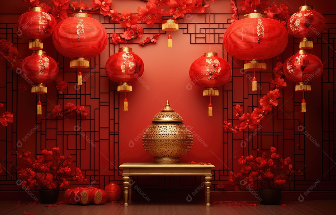 Cenário de estúdio fotográfico para celebração do Ano Novo Chinês com decorações tradicionais lanternas e símbolos