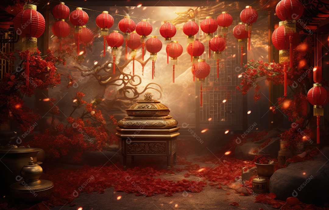 Cenário de estúdio fotográfico para celebração do Ano Novo Chinês com decorações tradicionais lanternas e símbolos