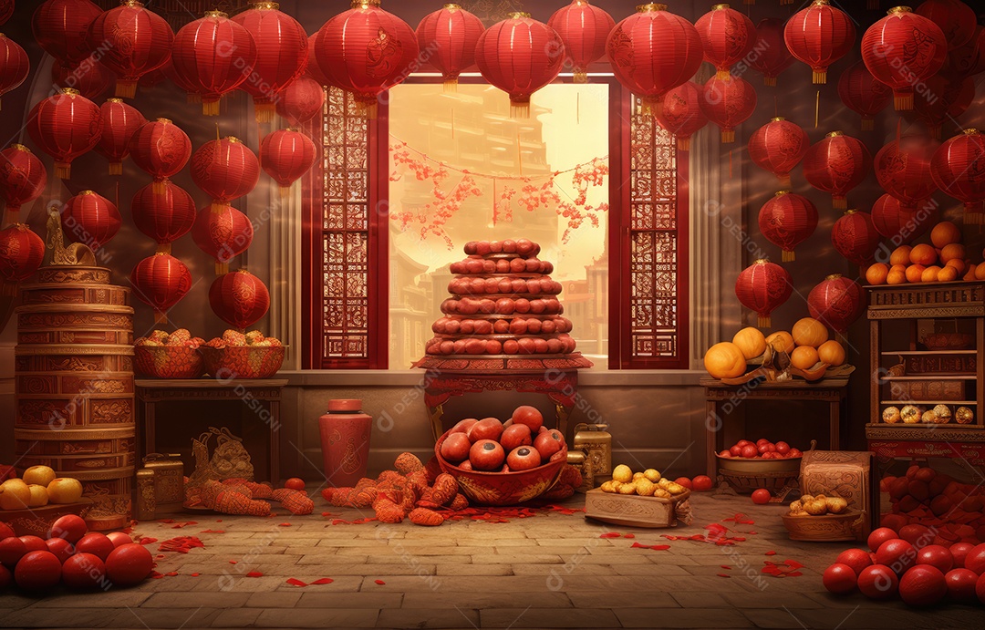 Cenário de estúdio fotográfico para celebração do Ano Novo Chinês com decorações tradicionais lanternas e símbolos