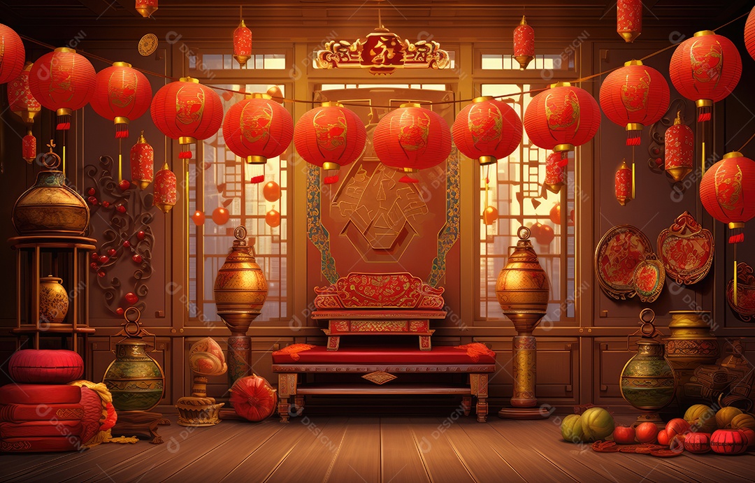 Cenário de estúdio fotográfico para celebração do Ano Novo Chinês com decorações tradicionais lanternas e símbolos