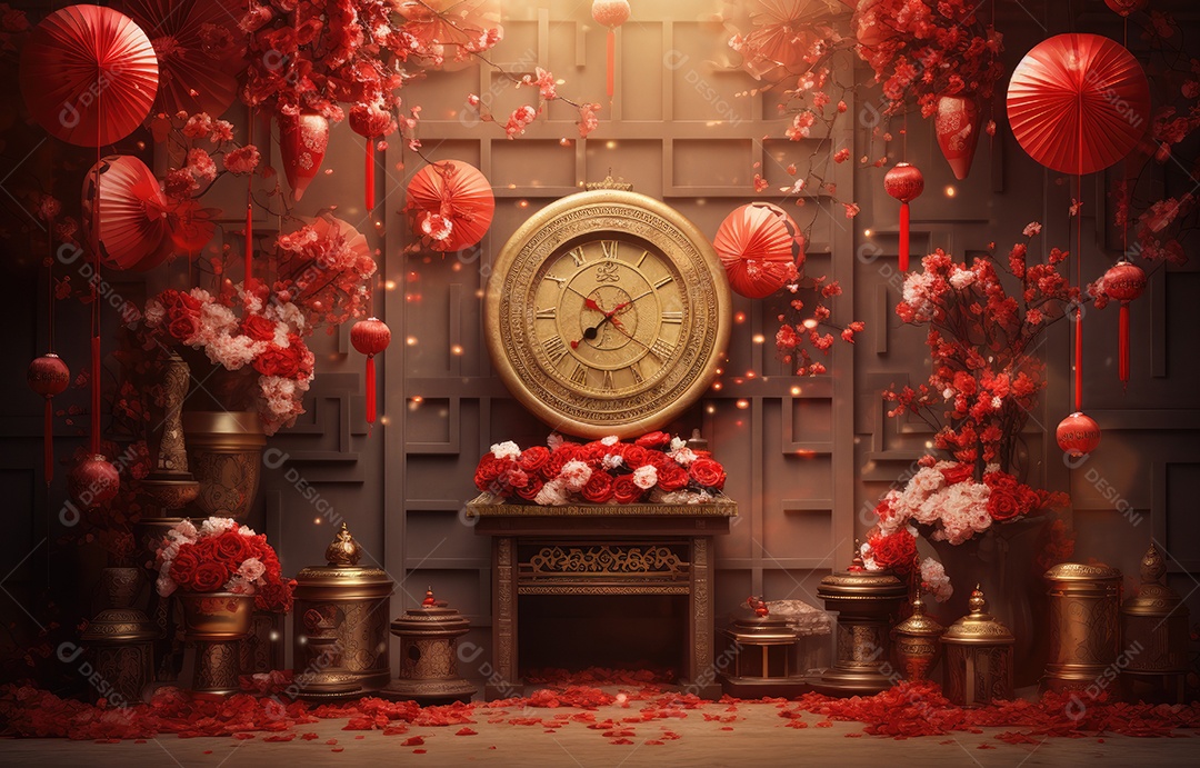 Cenário de estúdio fotográfico para celebração do Ano Novo Chinês com decorações tradicionais lanternas e símbolos