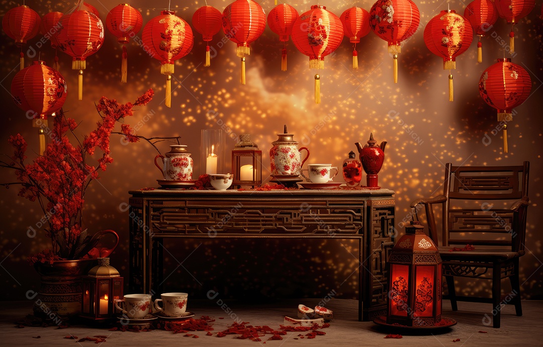 Cenário de estúdio fotográfico para celebração do Ano Novo Chinês com decorações tradicionais lanternas e símbolos