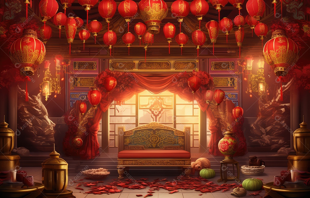 Cenário de estúdio fotográfico para celebração do Ano Novo Chinês com decorações tradicionais lanternas e símbolos