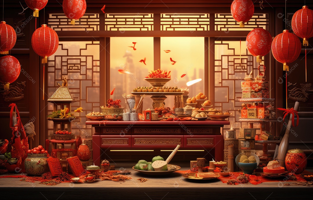 Cenário de estúdio fotográfico para celebração do Ano Novo Chinês com decorações tradicionais lanternas e símbolos