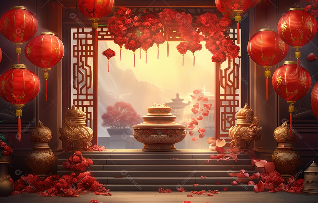 Cenário de estúdio fotográfico para celebração do Ano Novo Chinês com decorações tradicionais lanternas e símbolos