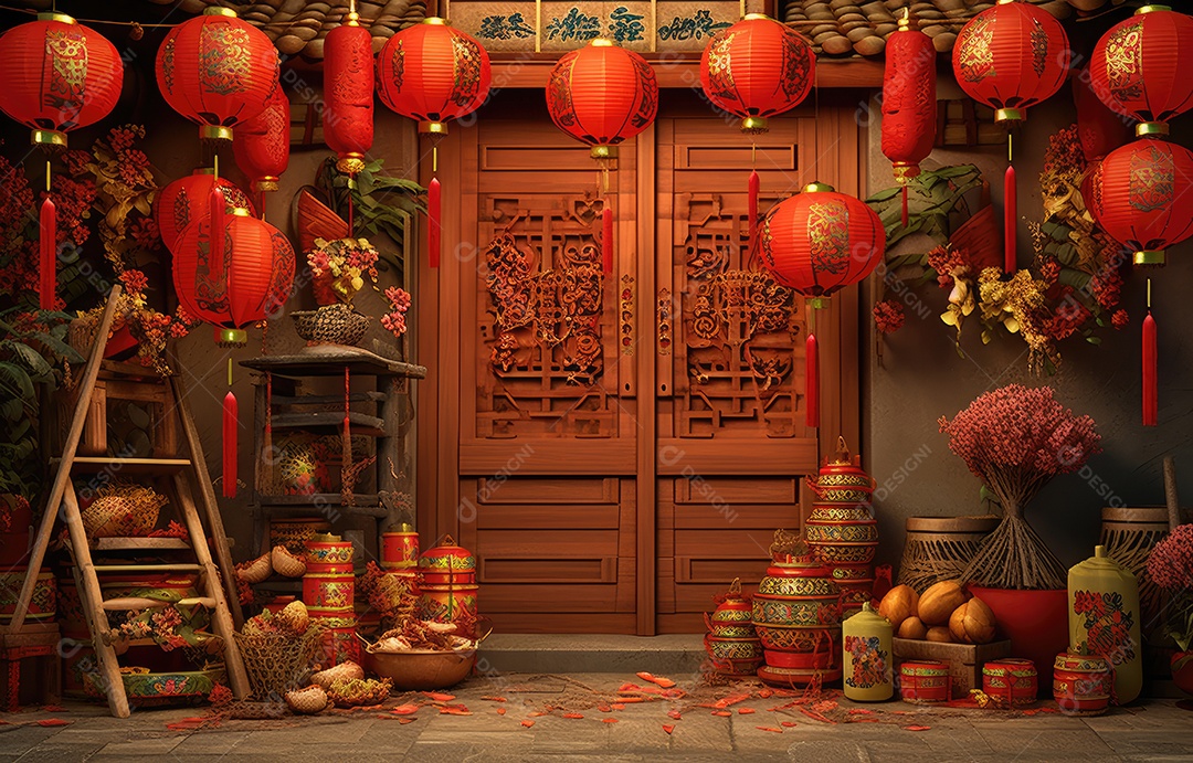 Cenário de estúdio fotográfico para celebração do Ano Novo Chinês com decorações tradicionais lanternas e símbolos