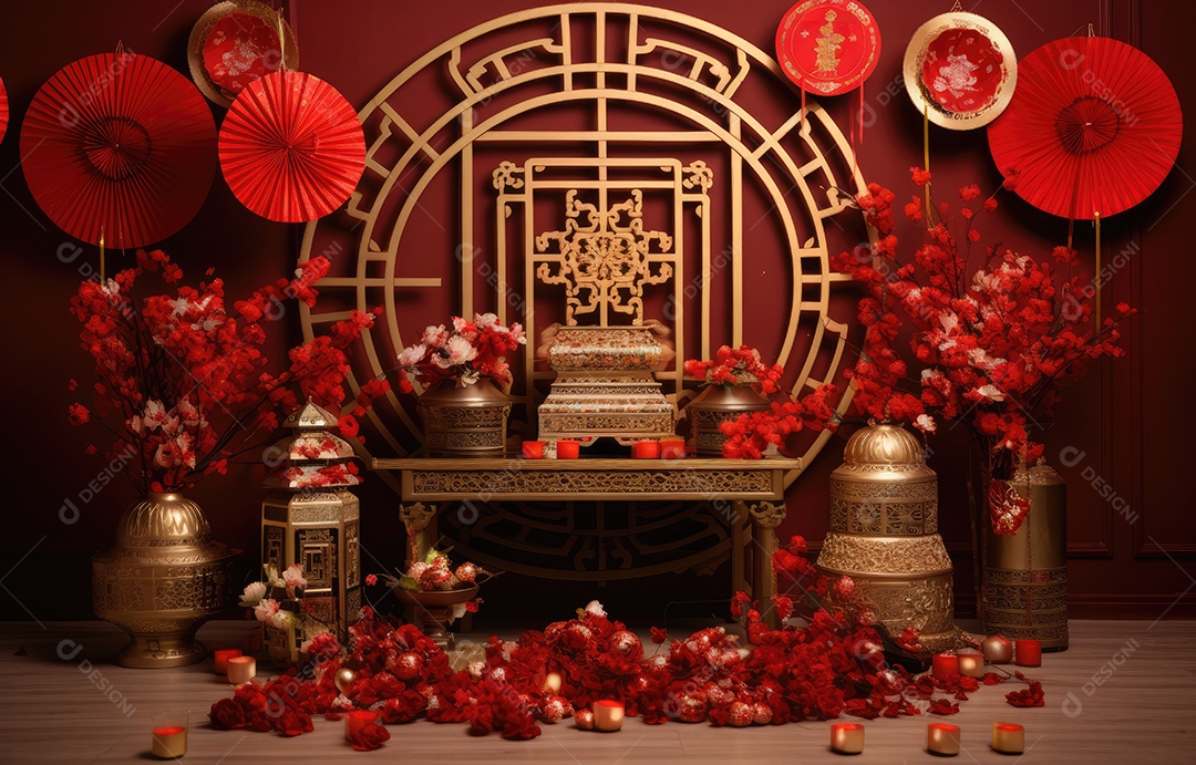 Cenário de estúdio fotográfico para celebração do Ano Novo Chinês com decorações tradicionais lanternas e símbolos