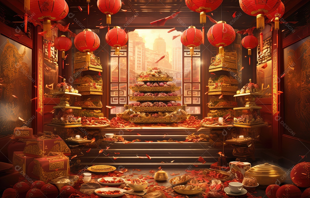 Cenário de estúdio fotográfico para celebração do Ano Novo Chinês com decorações tradicionais lanternas e símbolos