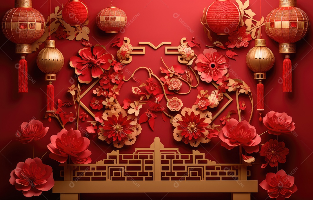 Cenário de estúdio fotográfico para celebração do Ano Novo Chinês com decorações tradicionais lanternas e símbolos