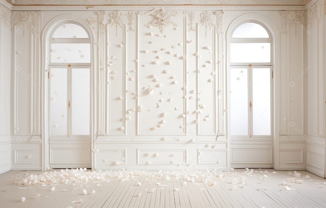 Hall branco em estilo clássico moderno e porta em arco de luxo com fundo de confete caindo