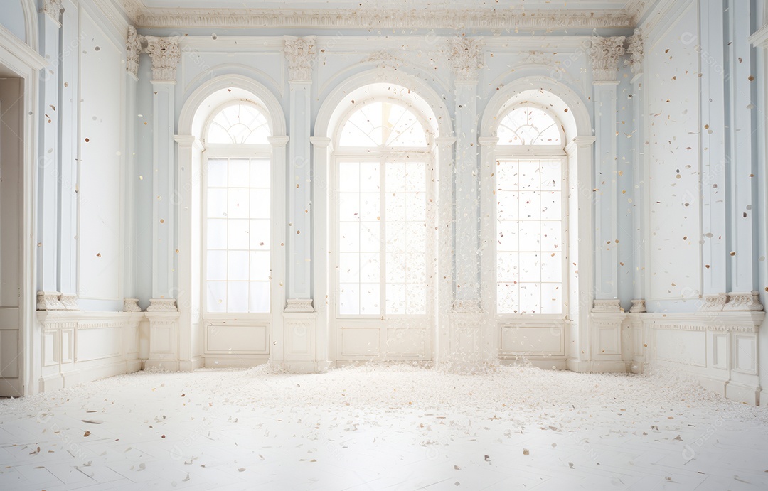 Hall branco em estilo clássico moderno e porta em arco de luxo com fundo de confete caindo