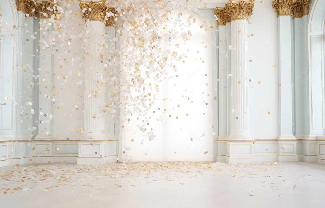 Hall branco em estilo clássico moderno e porta em arco de luxo com fundo de confete caindo