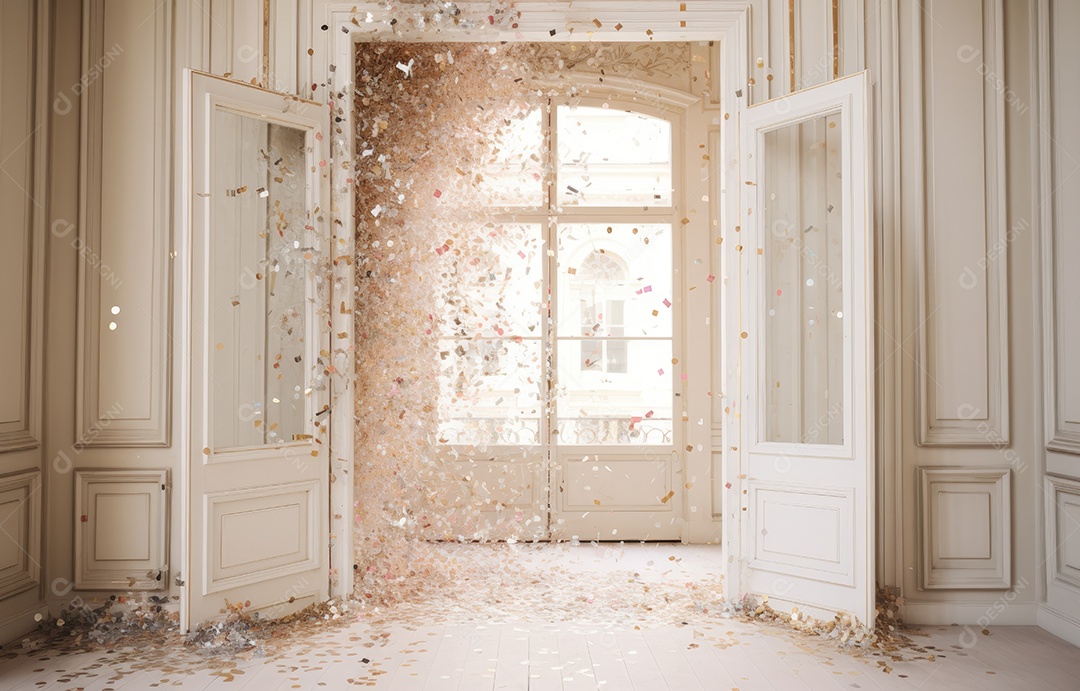 Hall branco em estilo clássico moderno e porta em arco de luxo com fundo de confete caindo