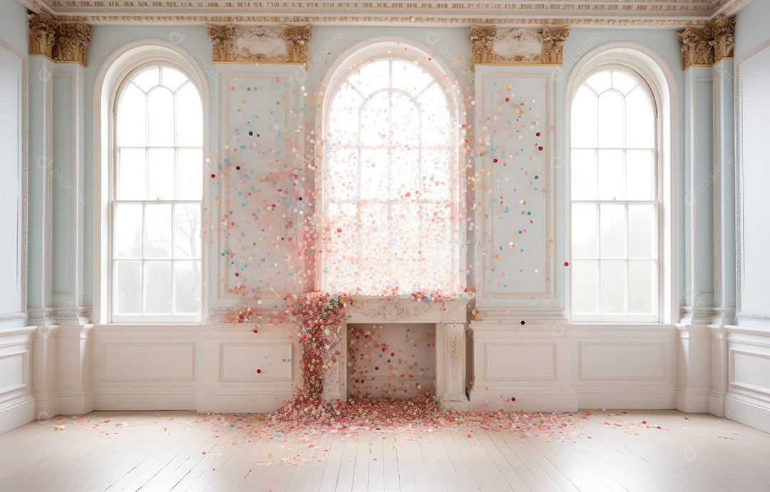 Hall branco em estilo clássico moderno e porta em arco de luxo com fundo de confete caindo