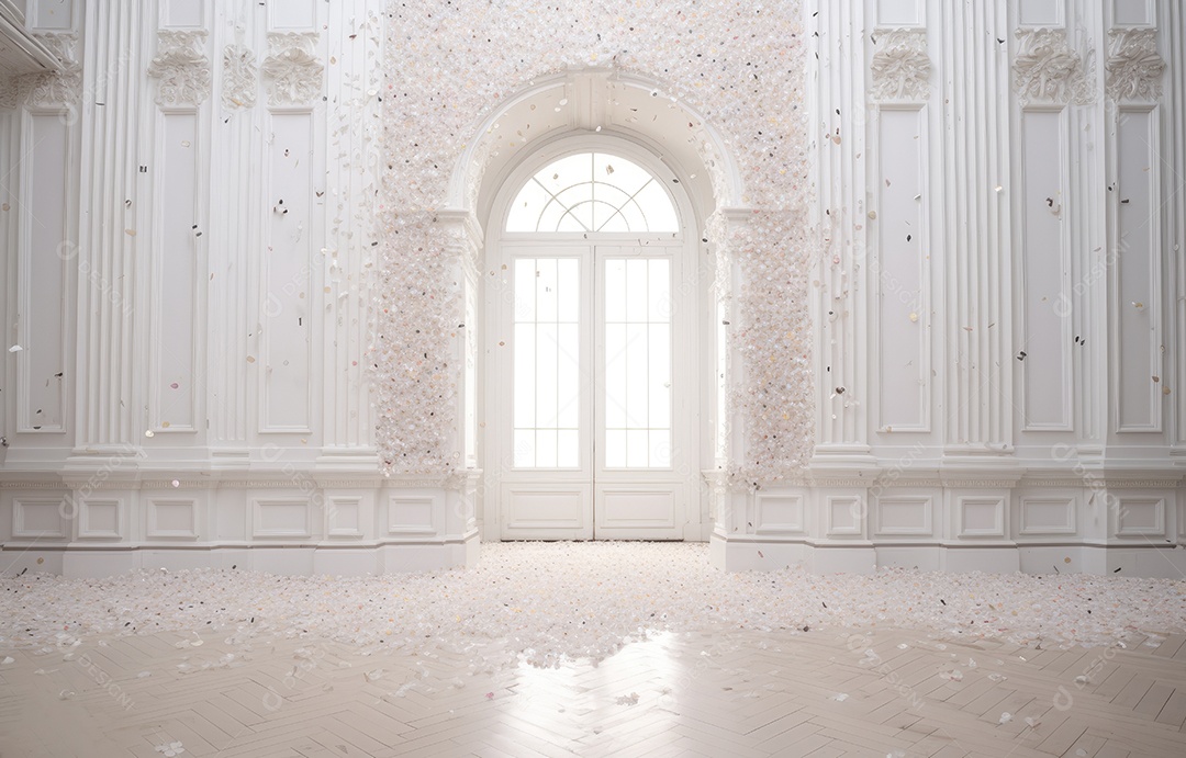 Hall branco em estilo clássico moderno e porta em arco de luxo com fundo de confete caindo