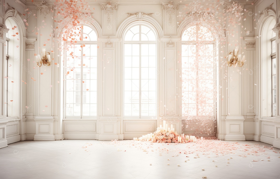 Hall branco em estilo clássico moderno e porta em arco de luxo com fundo de confete caindo