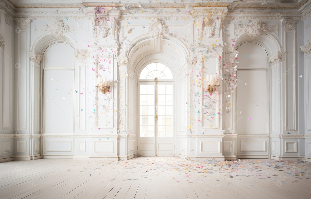 Hall branco em estilo clássico moderno e porta em arco de luxo com fundo de confete caindo