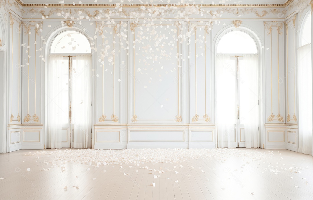 Hall branco em estilo clássico moderno e porta em arco de luxo com fundo de confete caindo