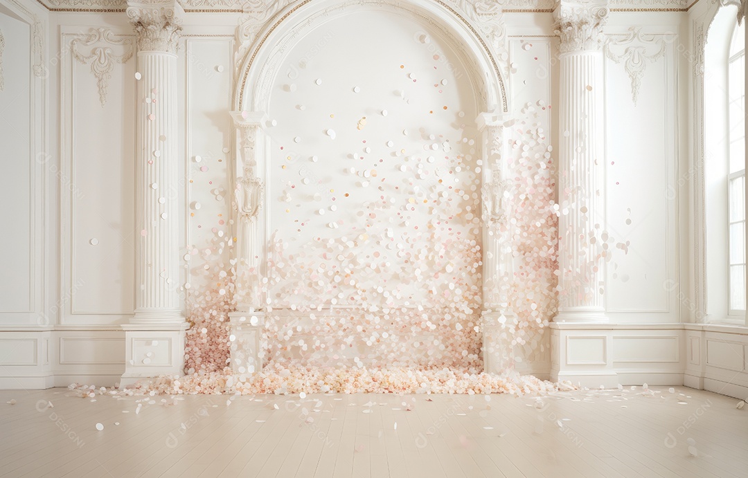 Hall branco em estilo clássico moderno e porta em arco de luxo com fundo de confete caindo