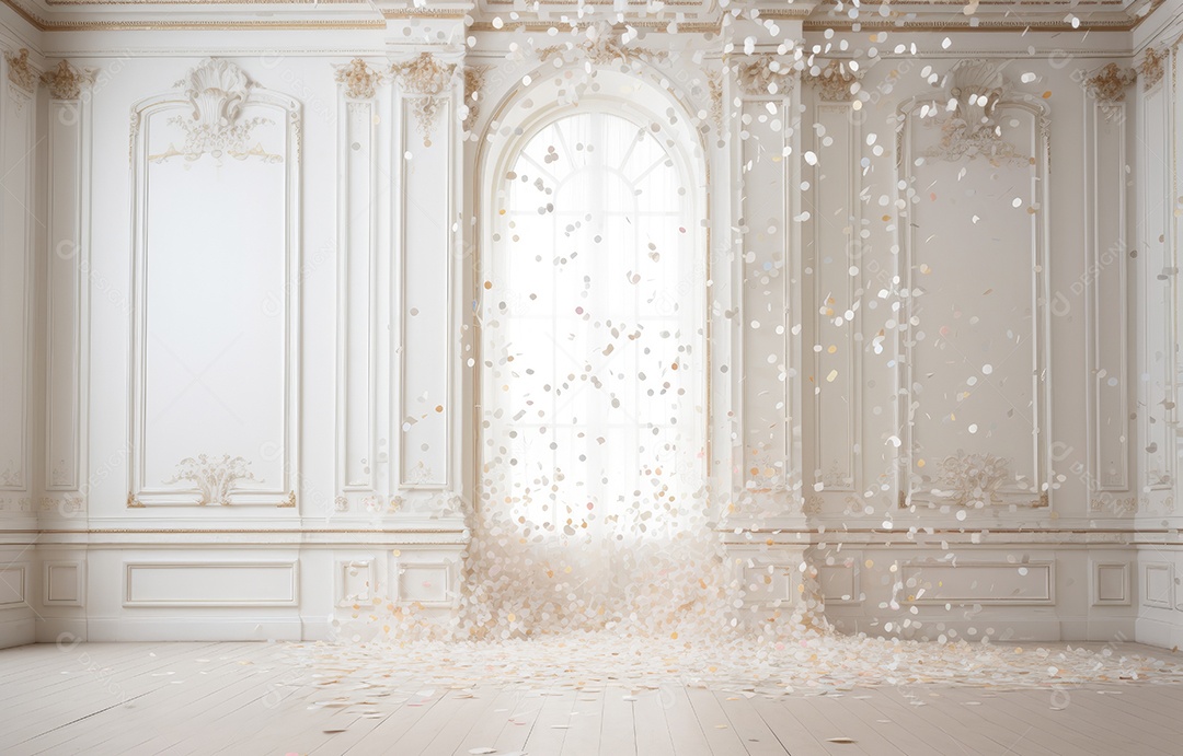Hall branco em estilo clássico moderno e porta em arco de luxo com fundo de confete caindo