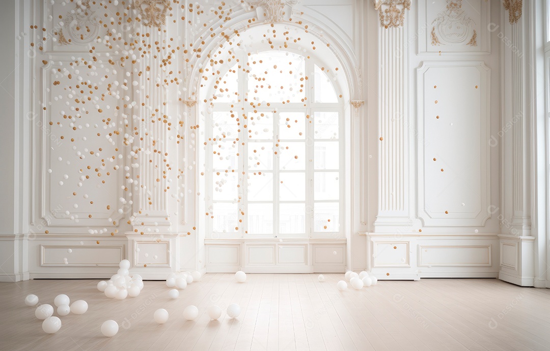 Hall branco em estilo clássico moderno e porta em arco de luxo com fundo de confete caindo