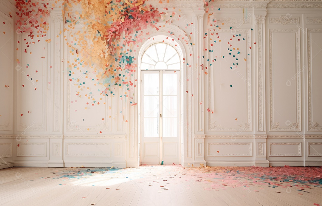 Hall branco em estilo clássico moderno e porta em arco de luxo com fundo de confete caindo