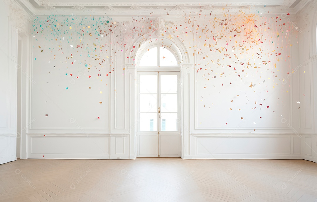 Hall branco em estilo clássico moderno e porta em arco de luxo com fundo de confete caindo