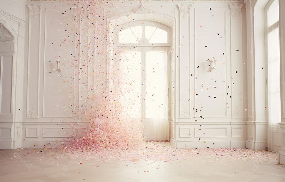 Hall branco em estilo clássico moderno e porta em arco de luxo com fundo de confete caindo