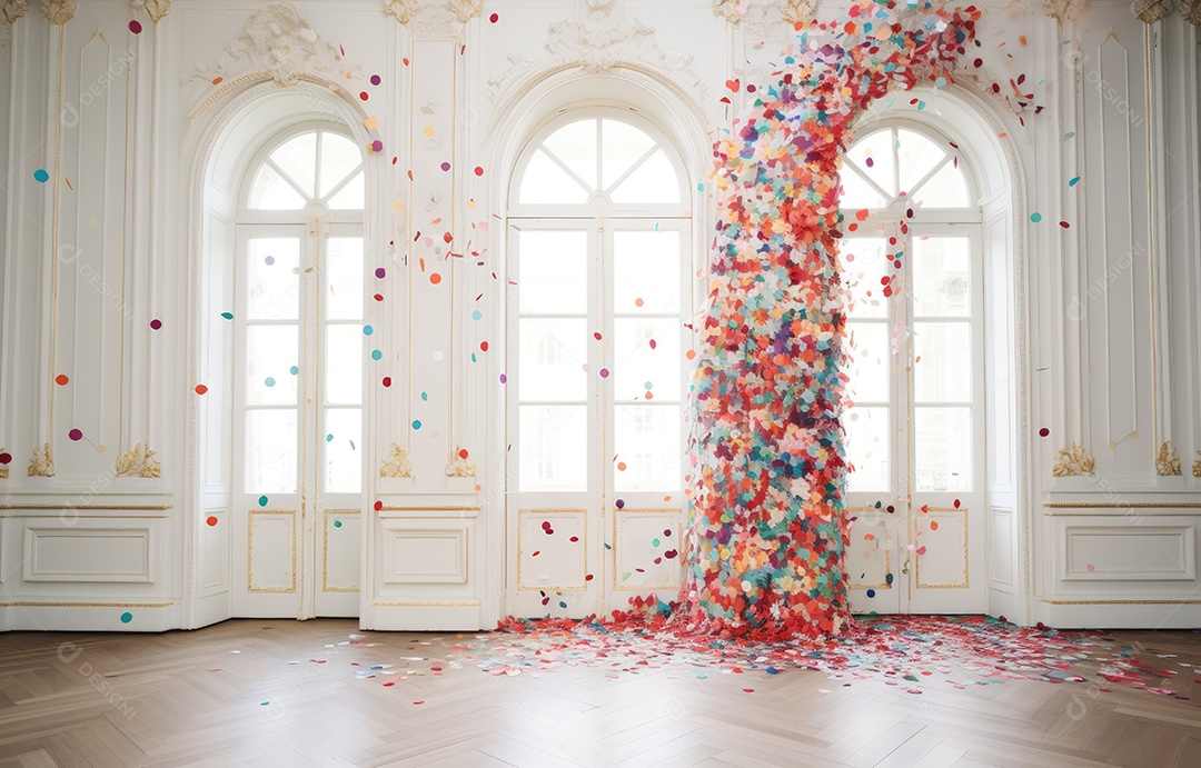 Hall branco em estilo clássico moderno e porta em arco de luxo com fundo de confete caindo