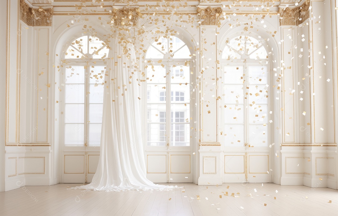 Hall branco em estilo clássico moderno e porta em arco de luxo com fundo de confete caindo