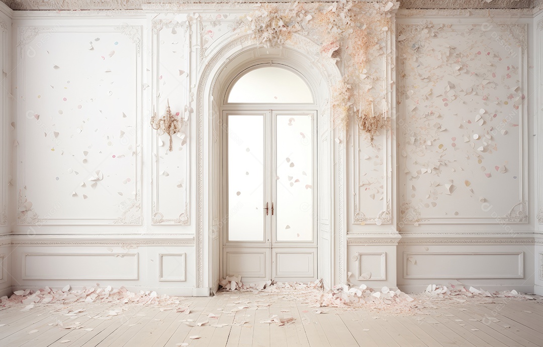 Hall branco em estilo clássico moderno e porta em arco de luxo com fundo de confete caindo