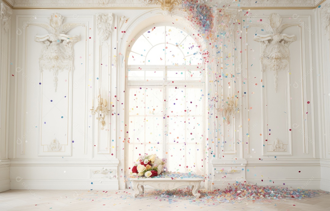 Hall branco em estilo clássico moderno e porta em arco de luxo com fundo de confete caindo