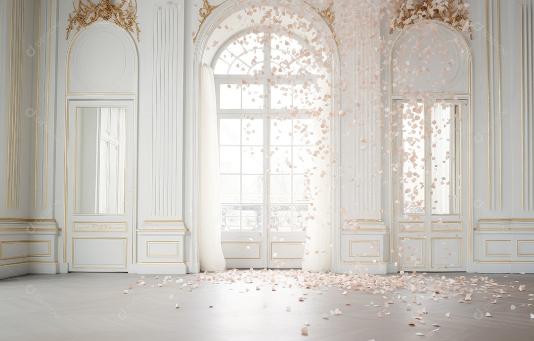 Hall branco em estilo clássico moderno e porta em arco de luxo com fundo de confete caindo