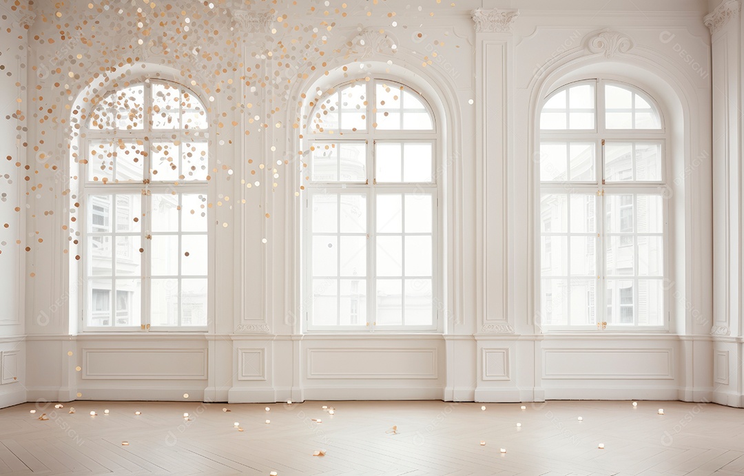 Hall branco em estilo clássico moderno e porta em arco de luxo com fundo de confete caindo