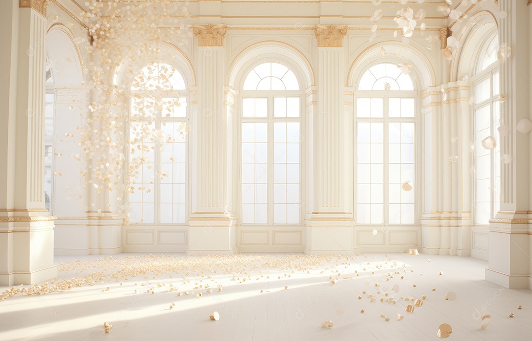 Hall branco em estilo clássico moderno e porta em arco de luxo com fundo de confete caindo