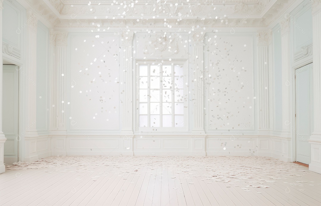 Hall branco em estilo clássico moderno e porta em arco de luxo com fundo de confete caindo