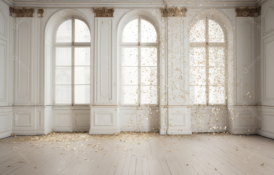 Hall branco em estilo clássico moderno e porta em arco de luxo com fundo de confete caindo