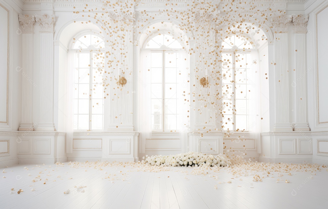 Hall branco em estilo clássico moderno e porta em arco de luxo com fundo de confete caindo