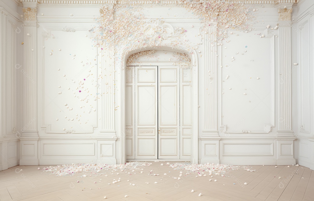 Hall branco em estilo clássico moderno e porta em arco de luxo com fundo de confete caindo