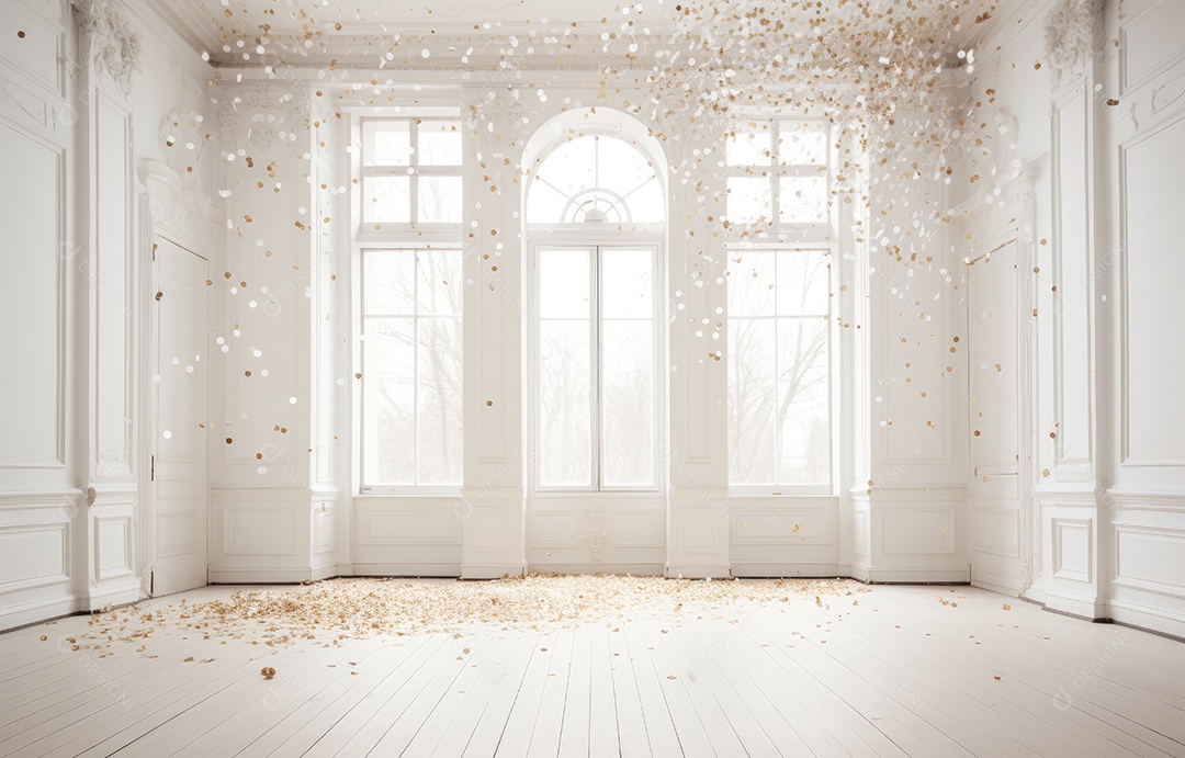 Hall branco em estilo clássico moderno e porta em arco de luxo com fundo de confete caindo