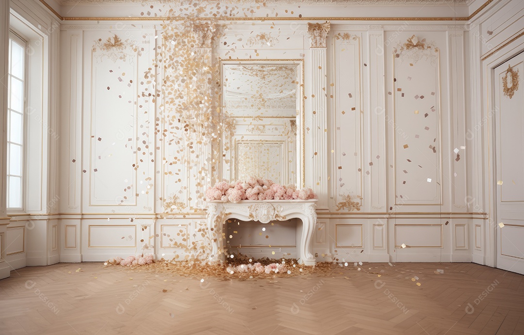 Hall branco em estilo clássico moderno e porta em arco de luxo com fundo de confete caindo