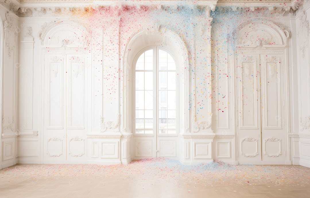 Hall branco em estilo clássico moderno e porta em arco de luxo com fundo de confete caindo