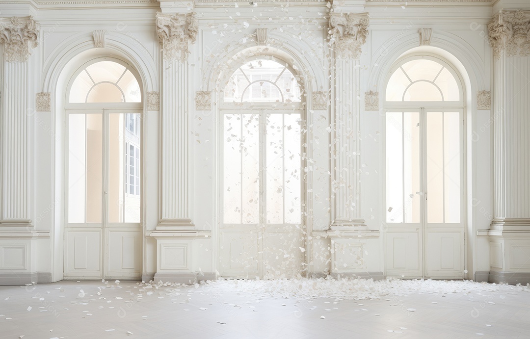 Hall branco em estilo clássico moderno e porta em arco de luxo com fundo de confete caindo